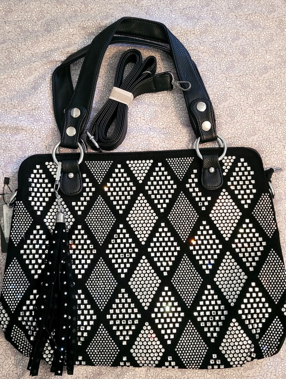 HANDBAGS EXPRESS Black Rhinestone Studded Tote Bag with Tassel